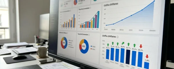 Écran d'ordinateur affichant un tableau de bord de performance avec graphiques et indicateurs colorés en gros plan