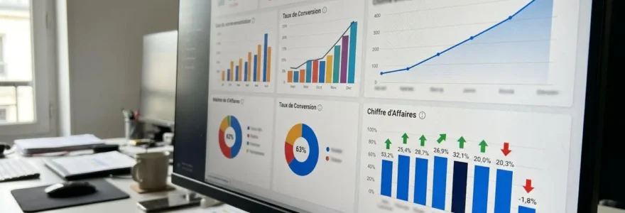 Écran d'ordinateur affichant un tableau de bord de performance avec graphiques et indicateurs colorés en gros plan
