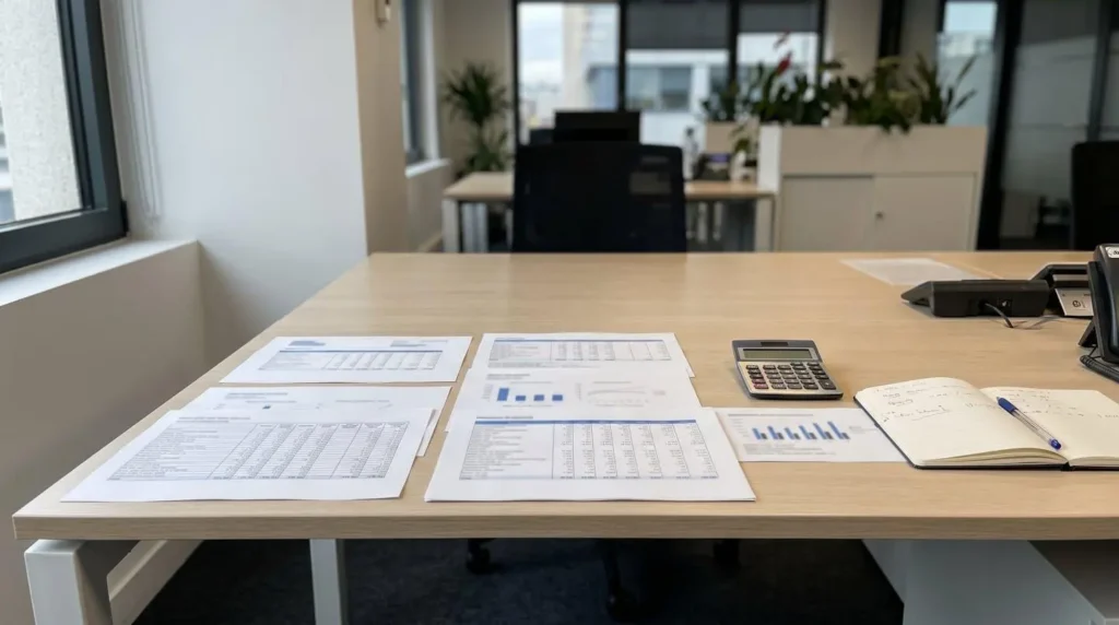 Bureau professionnel avec rapports financiers achats, calculatrice et documents de performance étalés, lumière naturelle Bureau professionnel avec rapports financiers achats, calculatrice et documents de performance étalés, lumière naturelle
